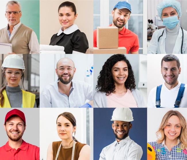 Mosaico con diferentes tipos de profesionales y autónomos.