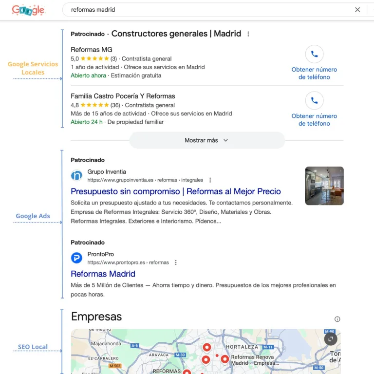 Ejemplo servicios locales de Google