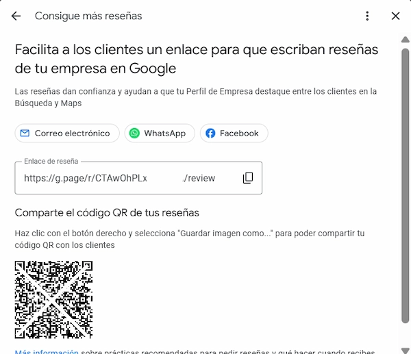 Enlace pedir reseñas + QR