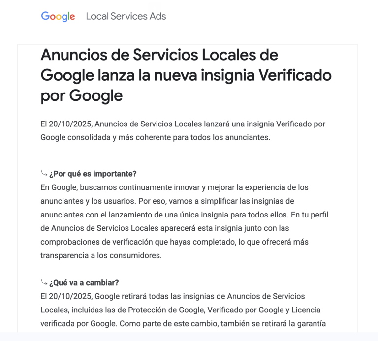 Aviso recibido por los Partners de Google avisando del cambio de Protección